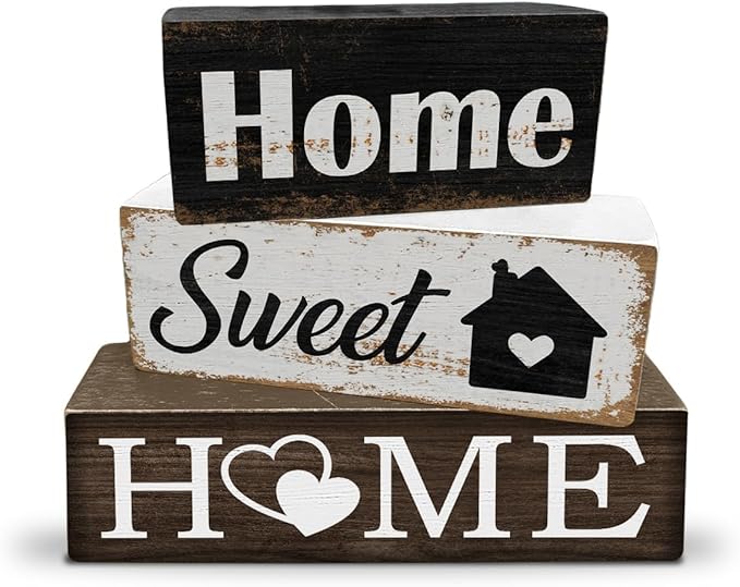 3 Pcs Farmhouse Wood Table Decoration Rustic Home Tiered Tray Decor Wooden Block Sign Retro Housewarming Gift Sweet Home Tabletop Centerpiece for Desk Floating Shelf Mantel
