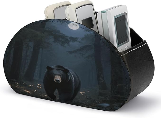 Black Bear Night Trees Remote Control Holder Organizer Box with 5 Compartment PU Leather Bedside Storage Caddy Remote Organizer for Controller Media Player Pen/Pencil Storage