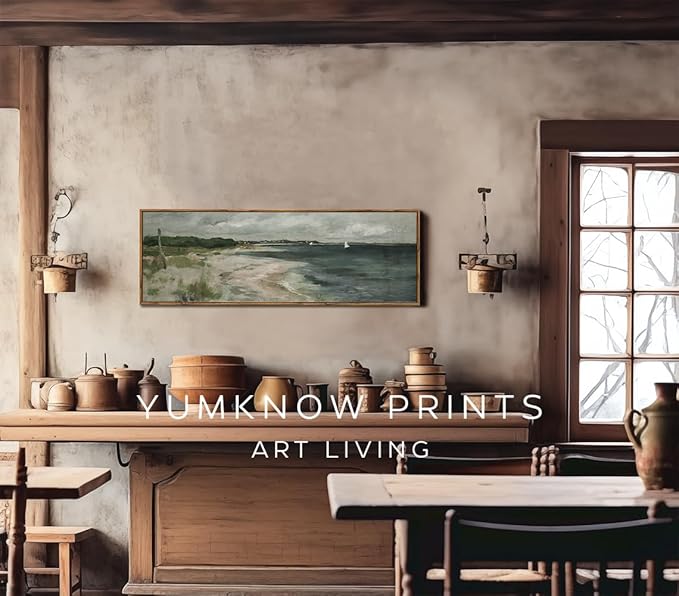 Framed Canvas Wall Art for Bedroom - Long Horizontal 13.5x40" Above the Bed - Vintage Farmhouse French Country - Muted Abstract Coastal Ocean Boat Moody Seascape - Cottagecore Master Guest Room Decor