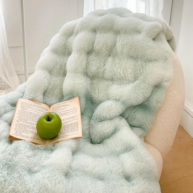 H&D Faux Fur Throw Blanket for Couch,Fluffy Cozy Soft Plush Luxury Thick Fuzzy Fleece Blanket for Couch Bed Sofa Bedroom Living Room,Comfy Bubble Blanket(Sage Green, Full (70"x80"))
