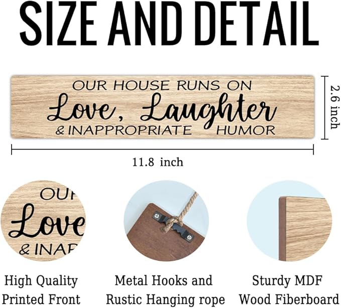 AGMDESIGN Our House Runs On Love Laughter And Inappropriate Humor Wood Sign, Home Wall Decor for Shelf Door, Heartwarming Farmhouse Kitchen Bedroom Hanging Wooden Plaque, New Home Gifts for Friends