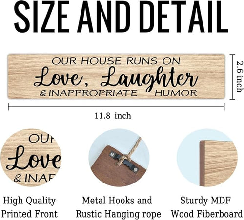 AGMDESIGN Our House Runs On Love Laughter And Inappropriate Humor Wood Sign, Home Wall Decor for Shelf Door, Heartwarming Farmhouse Kitchen Bedroom Hanging Wooden Plaque, New Home Gifts for Friends