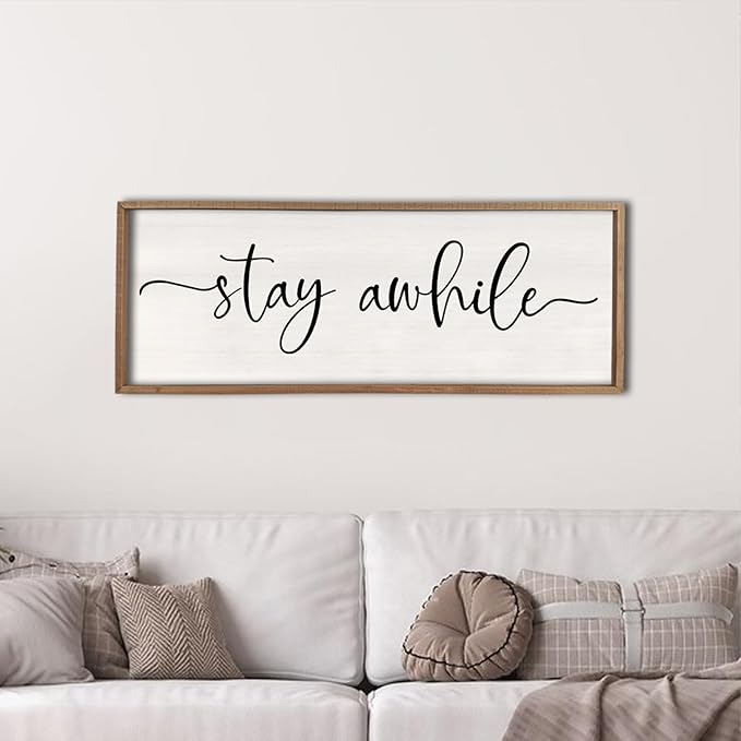 Stay Awhile Living Room Wall Decor 40"X15" for Entryway Minimalist Sign Farmhouse Hallway Rustic Wood Frame Large Vintage Prints Horizontal Home Wall Hanging Art (Wood)