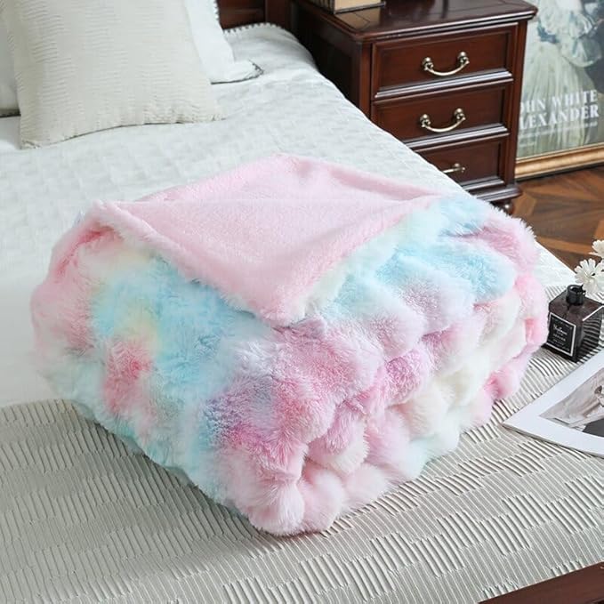 Faux Fur Throw Blanket for Couch Cozy Fuzzy Soft Plush Thick Fluffy Fleece Bubble Blanket for Sofa Bedroom Living Room, 63x79 Inches Rainbow