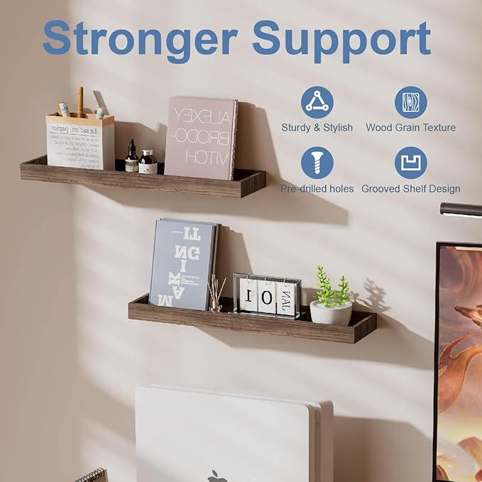 2 Pack 15.7 in Smoke Gray Floating Shelves for Wall, Wooden Wall Shelves for Bedroom Living Room Kitchen, Modern and Rustic Bathroom Shelves with Raised Lip, Floating Shelf for Storage Display