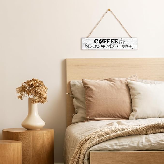 AGMDESIGN Coffee Because Murder is Wrong Wood Sign, Humor Kitchen Decor for Coffee Lovers, Cafe Decor for Home Shop Break Room Office, Wood Hanging Plaque for Shelf Desk Wall, Sarcastic Barista Gifts