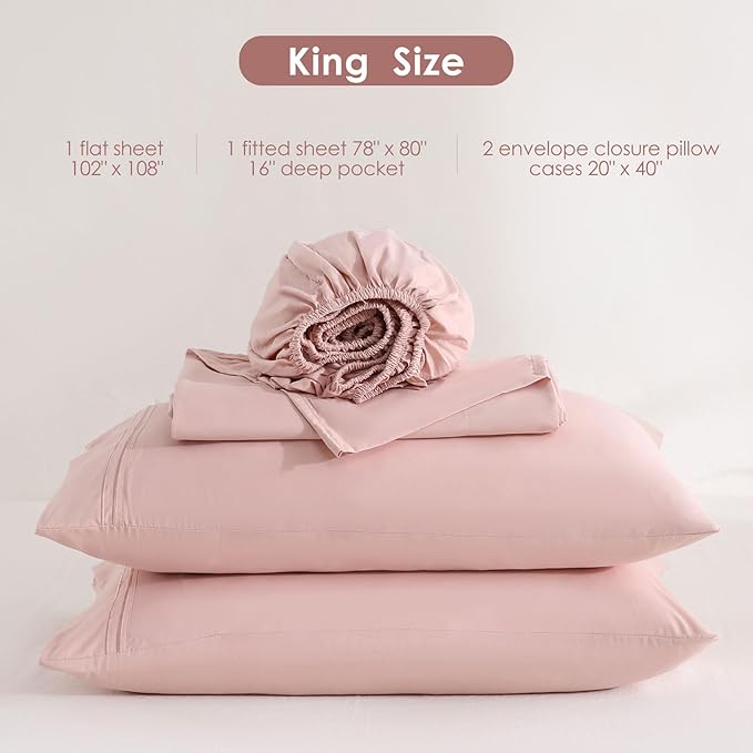 JSD Dusty Pink King Sheet Set with Side Pocket Corner Straps, 4 Piece Soft Microfiber Bed Sheets Extra Deep Pocket