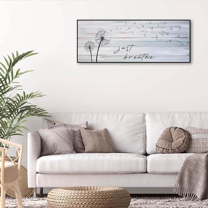 Modern Farmhouse Wall Decor - Just Breathe Dandelion Canvas Prints Wall Art Above Bed Wall Decor Bedroom Decor Wall Farmhouse Decor Vintage Decor Bedroom Bathroom Office(Black Wooden Frame) 46x19inch