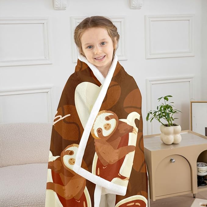 Erosebridal Sloth Coffee Fleece Sherpa Blanket for Boys, Girls & Adults - Coffee Cup Beans Print, Fuzzy, Baby 30"x40", Brown & White