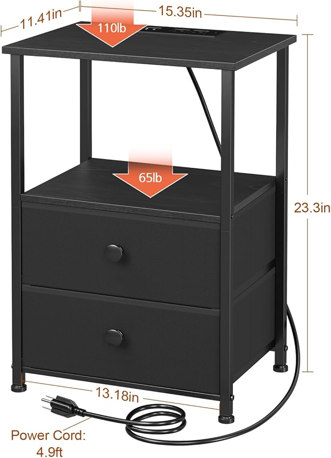 Night Stand Set 2, Black Nightstand with Charging Station, End Tables with Storage Shelf for Small Spaces, Bedside Table Side Tables with 2 Fabric Drawers for Bedroom, HETS020BK