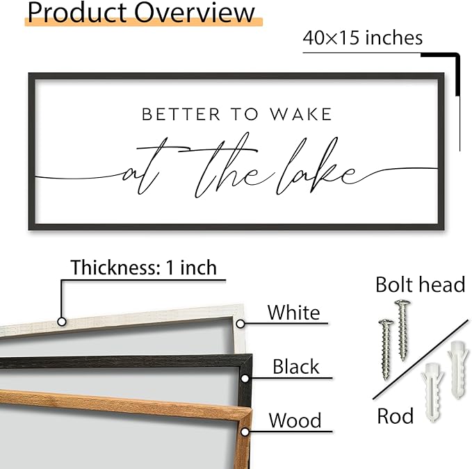 SRSZHIYUE Better To Wake At The Lake Wall Decor Above Bed Sign 40"×15" for Lake House Rustic Bedroom Over Bed Farmhouse Large Wood Framed Home Wall Hanging Art (Black)