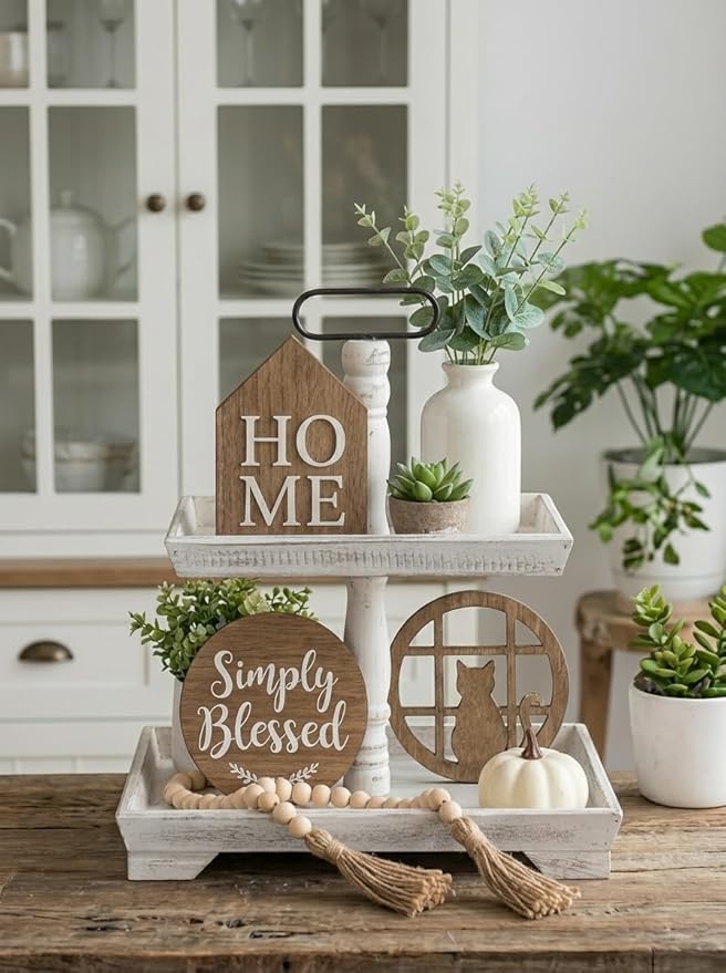 Hanobe Tiered Tray for Table Decor: Spring 2 Tier Decorative Tray Stand for Coffee Bar - Large Farmhouse White Display Stands for Holiday - Wood for Kitchen Counter Decorations