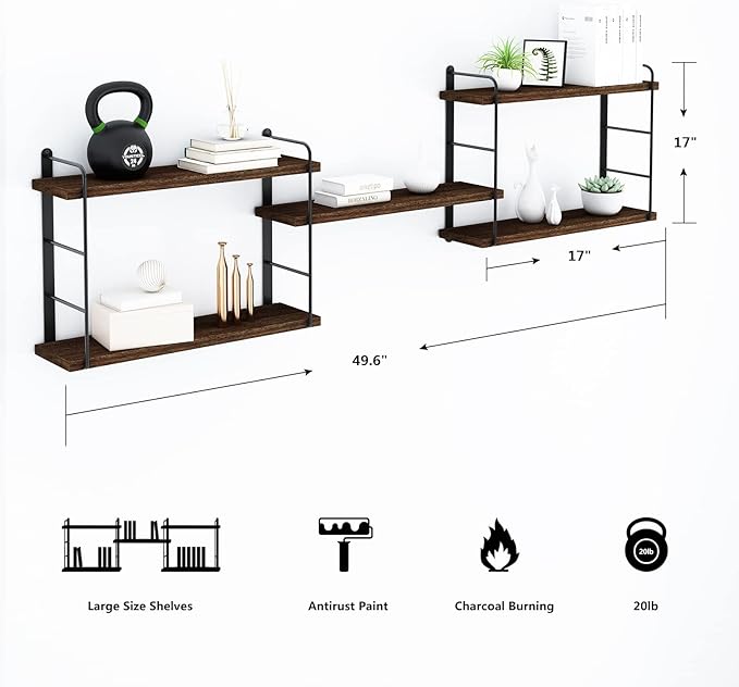 Wall Shelves, Wall Mounted Bookshelves, DIY Floating Shelves for Wall, Wood Hanging Book Shelves for Room, Bedroom, Living Room, Easy Installation (Brown, 50W x 17H)