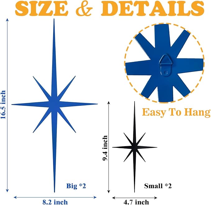 sxnzequnze 4 Pack Metal Star Wall Art 8 Pointed Starburst Wall Decor Set with 2 Large & 2 Small Pieces Mid Century Celestial Metal Wall Sculpture for Bedroom Living Room Office Gallery Wall