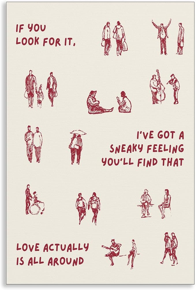 Leetideful Beige and Red Canvas Wall Art, Love Actually Is All Around Warming Quote Poster, Neutral Hues Tiny People Walking Picture, Minimal Typography Print for Bedroom Living Room 24x36in Unframed