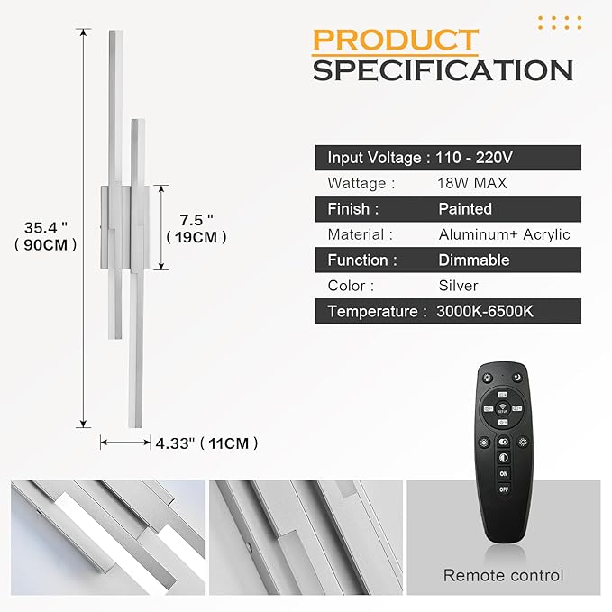 Modern LED Wall Sconce Silver Remote Wall Light Fixtures for Bathroom, Dimmable Vanity Light Indoor LED Remote Wall Sconce for Living Dining Room Bedside Bedroom(3000-6500K 35.4inch)