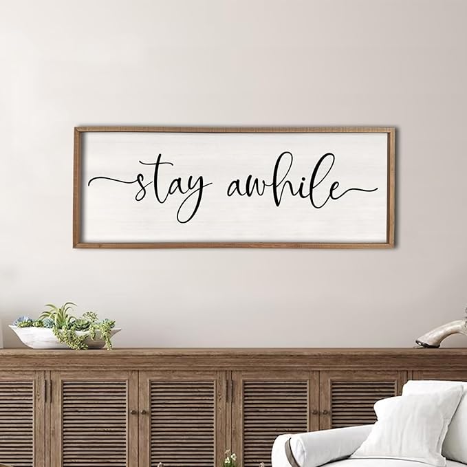 Stay Awhile Living Room Wall Decor 40"X15" for Entryway Minimalist Sign Farmhouse Hallway Rustic Wood Frame Large Vintage Prints Horizontal Home Wall Hanging Art (Wood)