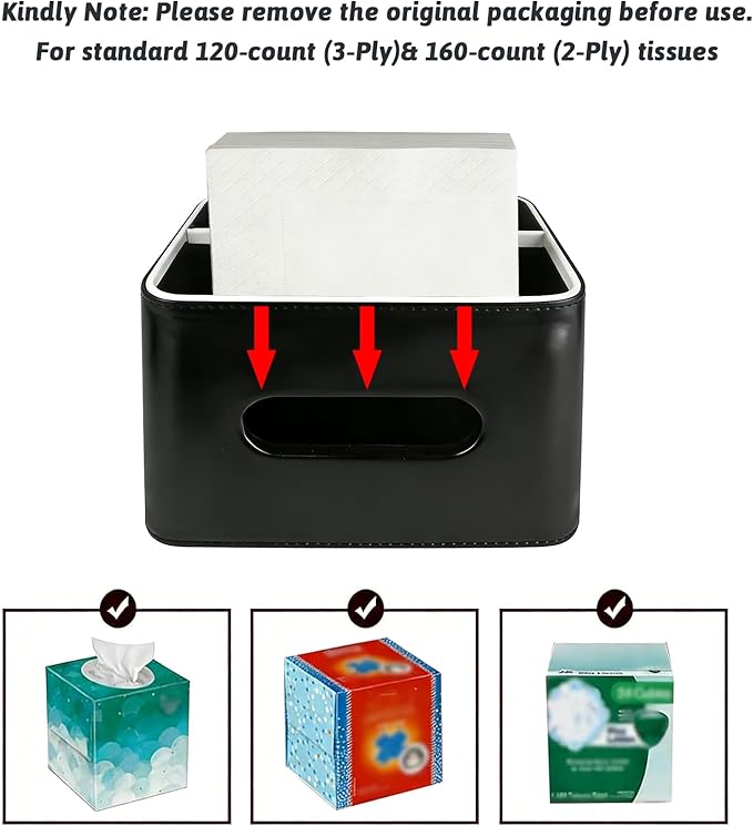 PU Leather Tissue Box Cover Square - Multifunctional Tissue Box Holder with Storage, Tissue and Remote Control Holder Organizer with Compartments for Bedroom Nightstand, Desk, Living Room (Black)