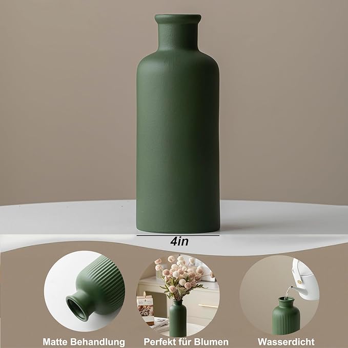Green Ceramic Vase for Flowers, Modern Decorative, 10 Inch Tall, 4 Inch Width, Farmhouse Style Home Decor for Pampas Grass, Living Room, Dining Table, Office Decor, Kitchen Shelf (Mattte Green)