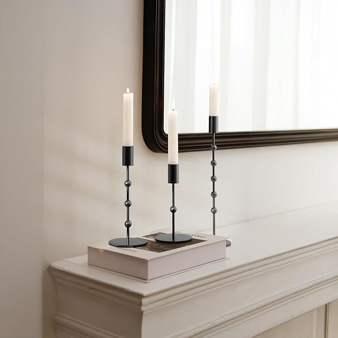 Black Candlestick Holders, Beaded Metal Taper Candle Stick Holders, Set of 3 Candle Holder for Fall Decorations, Tapered Candle Holders, Thanksgiving Table Centerpiece, Halloween Gothic Decor