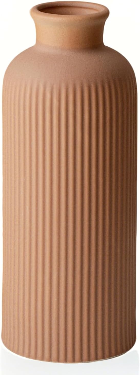 Coffee Ribbed Ceramic Vase for Flowers, Large Modern Textured Decorative Vase, 10 Inch Tall, Farmhouse Style Home Decor (Coffee)
