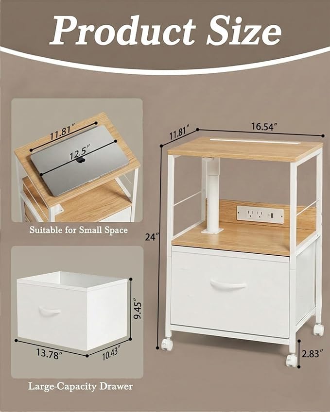360° Swivel Nightstand with Height Adjustable, Lift Top Bedside Table with Charging Station, Rolling Night Stand with Fabric Drawer, End Table with Wheels, for Bedroom, Living Room, Natural White