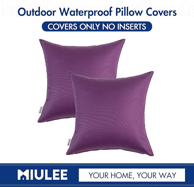 MIULEE Pack of 2 Decorative Outdoor Waterproof Pillow Covers Square Garden Cushion Sham Throw Pillowcase Shell for Spring Patio Tent Couch 16x16 Inch Purple