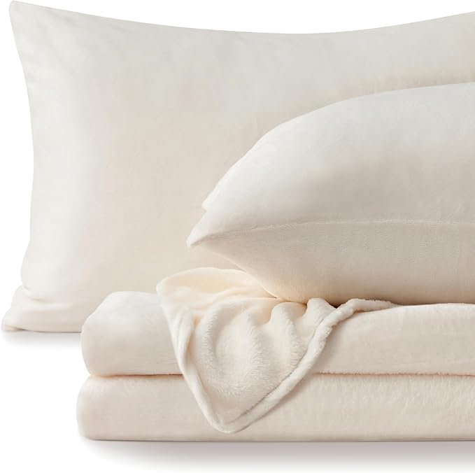 BEDELITE Flannel Sheets Twin Size White - Super Soft Fleece Sheets Set Fluffy Extra Plush, 3 Piece(Include Fitted Sheet, Flat Sheet, 1 Pillowcase)