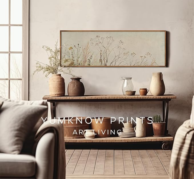 Unframed Rolled Vintage Farmhouse French Country Bedroom Wall Decor Above Bed - Horizontal Wall Art Over the Bed - 10x30" - Panoramic Landscape Picture Canvas Long Beige Neutral Flower Floral Poster