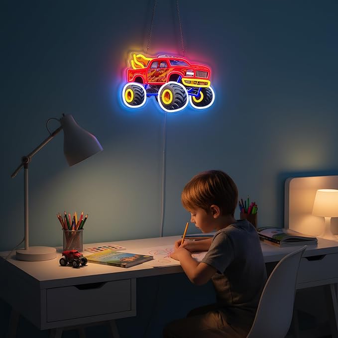 Monster Truck Neon Sign for Wall Decor, LED Dimmable Light for Boys Kids Room, Holiday Birthday Christmas Gift Decoration, 16.5 x 10 in