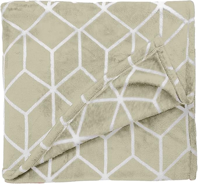 Elegant Comfort Luxury Velvety Feel Blanket, All-Season Lightweight Blanket, Ultra Plush, Soft, Cozy-Fuzzy Flannel Fleece for Couch, Sofa, Bed, Travel, Cube Design, King/California King, Cream