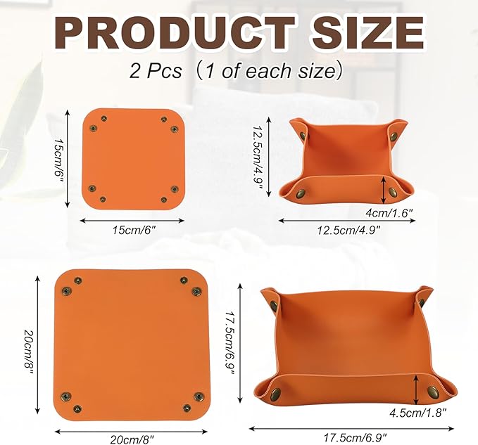 uxcell 2 Pcs Valet Tray for Women and Men, PU Leather Jewelry Tray Entryway Table Bedside Nightstand Catchall Storage Organizer for Jewelry Key Coin Watch Wallet(Square, Orange)