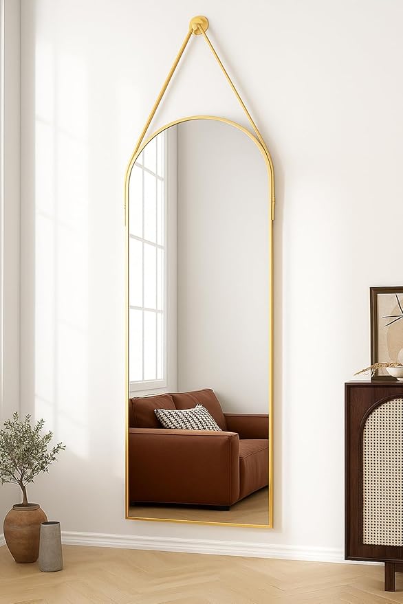 Full Length Mirror, Arched Wall Mounted Mirror, 47"x16" Door Mirrors with Hanging Leather Strap, Wall Mirrors Full Length with Aluminum Frame for Bathroom Living Room Entryway (Gold)