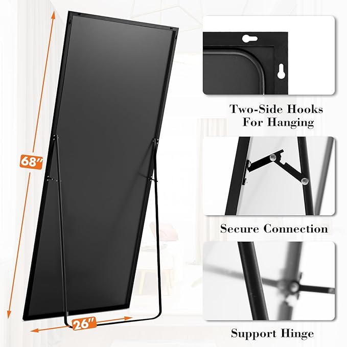 DUMOS Full Length Mirror 24"x 65.1" for Bedroom, Full Body Mirror with Stand, Hanging or Leaning for Wall, Aluminum Alloy Thin Frame Floor Standing for Living Room, Long, Black