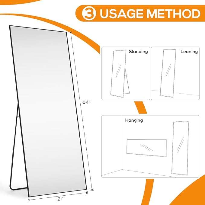 Mirror Full Length, Upgraded Body Wall Mirrors with Shatter-Proof Glass, Floor Standing, Hanging or Leaning, Tall Mirror with Stand Aluminum Alloy Frame for Bedroom Cloakroom