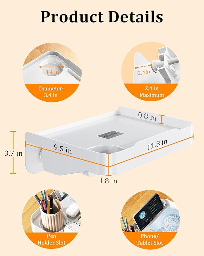 Bedside Caddy for Dorm Bed - Clip On Nightstand with Cup Holder, Floating Bed Side Table Tray Storage,College Dorm Room and Kids Room Essentials,Blending Decor and Storage （White）