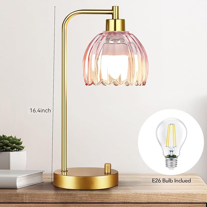 Pink Table Lamp Set of 2,Small Gold Bedside Lamps Dimmable Boho Bedroom Lamp with Tulip Flower Glass Lamp Shade,Vintage Mid Century Modern Mini Nightstand Lamp for Kids Bedroom Living Room