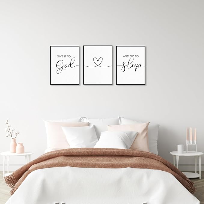 Give It To God And Go To Sleep 3-Piece Wall Sign Decor: Framed Modern Minimalist Quotes for Couples Above Bed 12"x16"