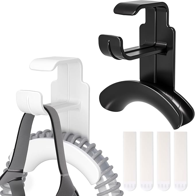 2 Pack CPAP Hose Holder for Bed, CPAP Tube Holder Compatible with CPAP Hose & Headgear Storage, Bedside CPAP Hook for CPAP Organization with 4 Removable Strips (White+Black)