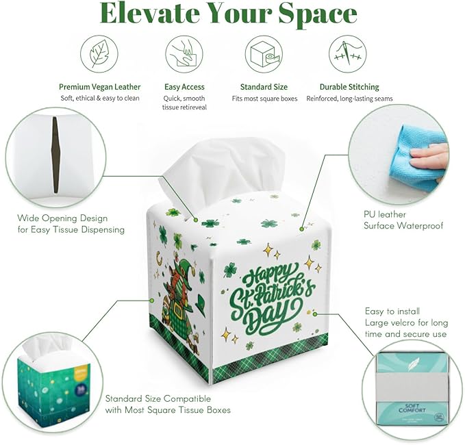 St.Patrick's Day Napkin Tissue Box Cover, Shamrocks Lucky Truck Waterproof Leather Paper Organizer Dispenser for Table Dining, Bathroom, Nightstand Vanity, Car, Housewarming Gift Ideas, H