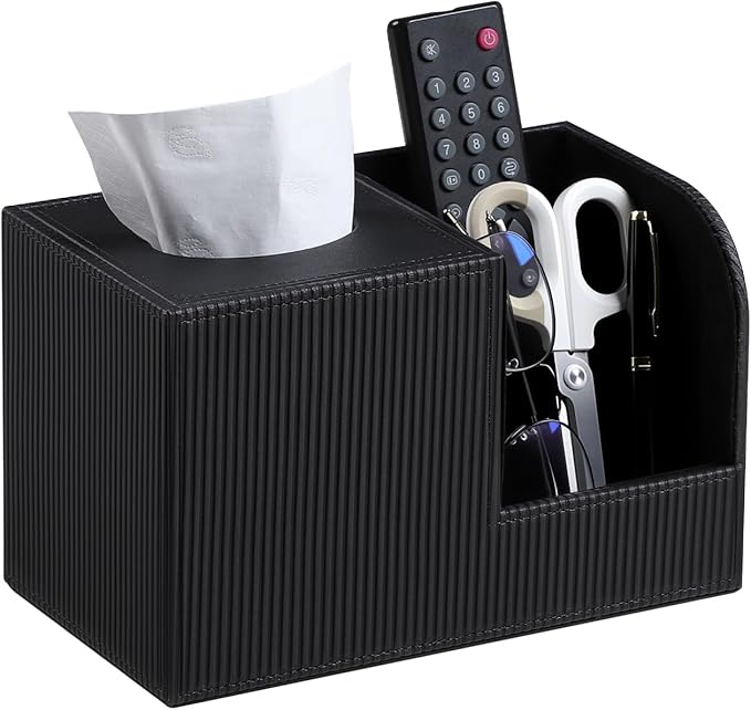 Square Tissue Box Cover with 2 Compartments Storage Organizer, PU Leather Tissue Box Holder with Remote Control Holder for Livingroom Nightstand, Multifunctional Cube Tissue Holder (Black)