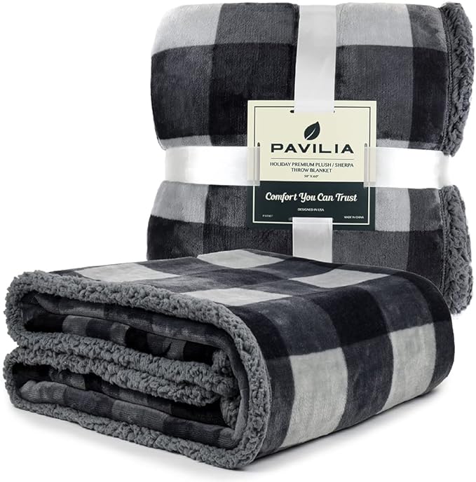 PAVILIA Winter Cabin Sherpa Throw Blanket, Soft Fleece Cozy Grey Christmas Reversible Blanket 50"x60", Warm Plush Rustic Plaid Throw for Couch, Bed, for Family, Friends