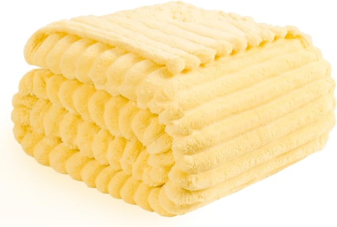 Vessia Flannel Fleece Throw Blanket for Couch,Sofa,Bed, 300GSM Striped Light Yellow Throw Blanket for Adults and Kids, Super Soft Warm Cozy Lightweight Home Decor for All-Season(50x70inch)