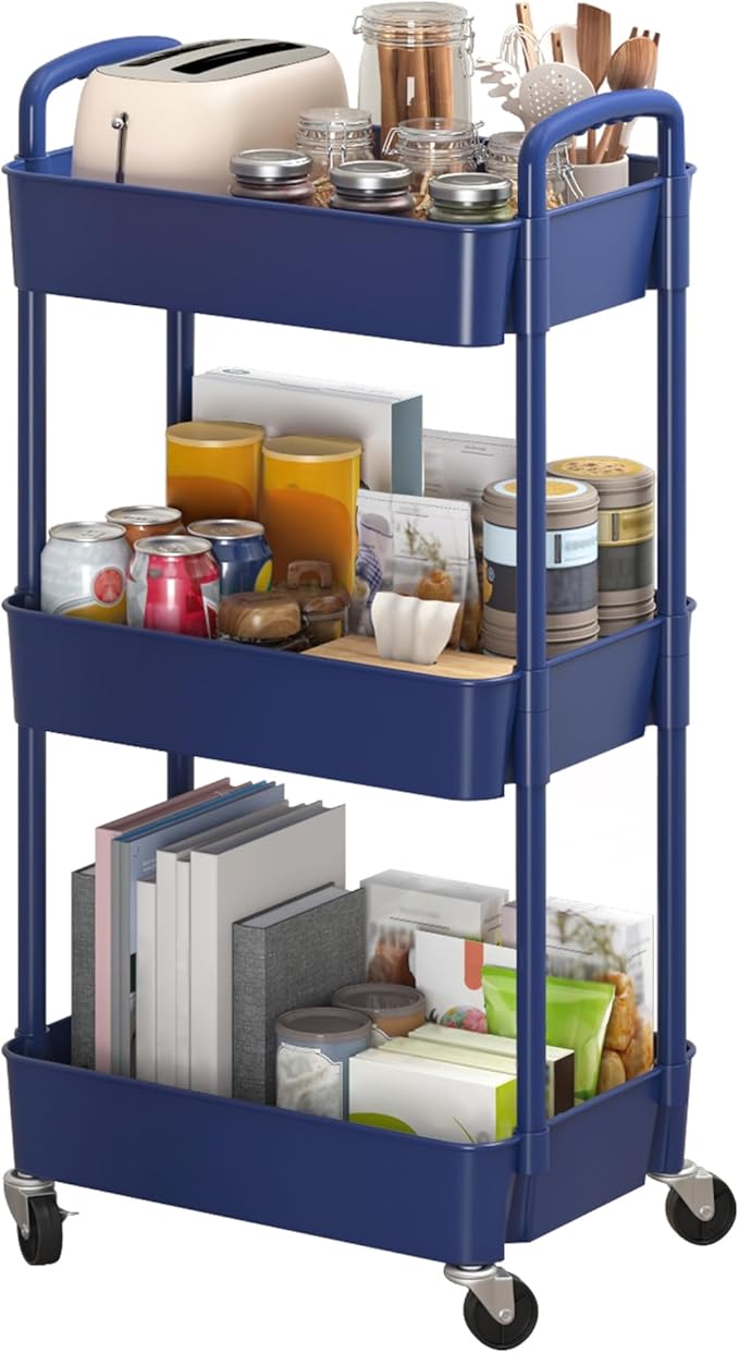 Sywhitta 3-Tier Plastic Rolling Utility Cart with Handle, Multi-Functional Storage Trolley for Office, Living Room, Kitchen, Movable Storage Organizer with Wheels, Blue