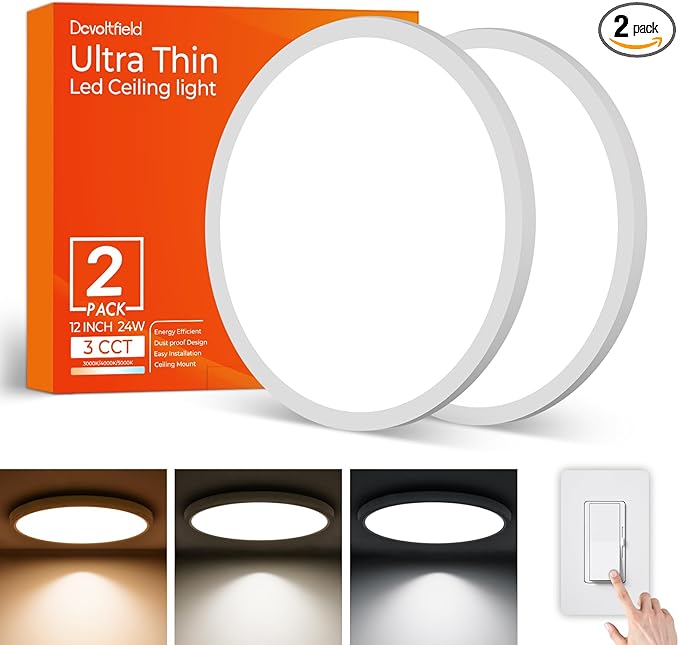 2Pack 12Inch LED Flush Mount Ceiling Light Fixture,24W 2400LM,Dimmable CCT 3000K/4000K/5000K,Round Flat Panel Light for Bedroom,0.7Inch Thin Modern Low Profile Hardwire Lights for Hallway,Porch