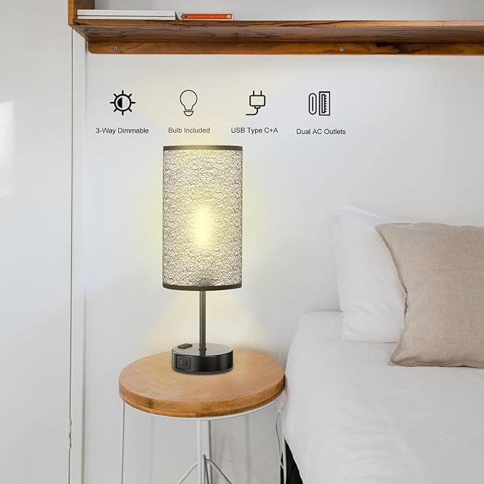 Table Lamp for Bedroom with Touch Control,Bedside Lamp with USB C+A Charging Ports& AC Outlets, Adjustable 3color LED Light for Home Decor/Nightstand/Bedroom/Office,Included Bulb and Fabric Lamp Shade