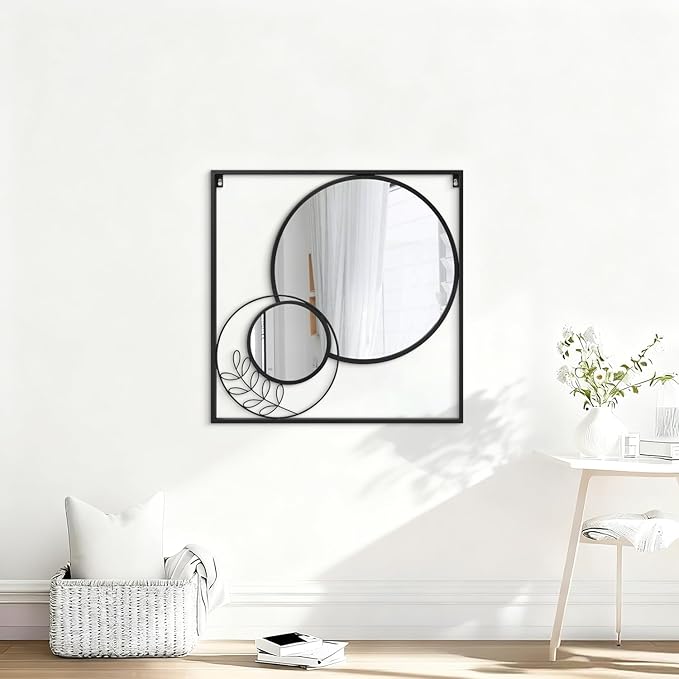 Black Large Square Mirror, Round Wall Mounted Mirror Set Circle Modern Decorative Mirrors for Living Room Bedroom Entryway 30x30 Inch Decor