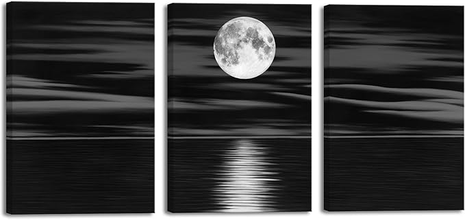 Wieco Art 3 Panel Sea White Full Moon in Night Canvas Print Wall Art Black and White Ocean Beach for Living Room Bedroom Kitchen Home Decorations Modern Abstract Artwork