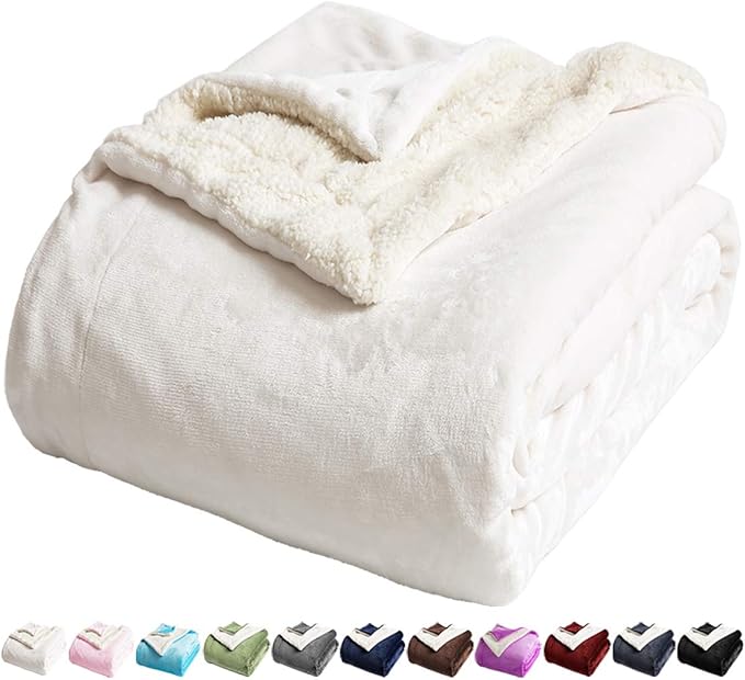 LBRO2M Sherpa Fleece Bed Blanket Queen Size Super Soft Fuzzy Plush Warm Cozy Fluffy Microfiber Couch Throw Double Reversible Blankets,Ivory