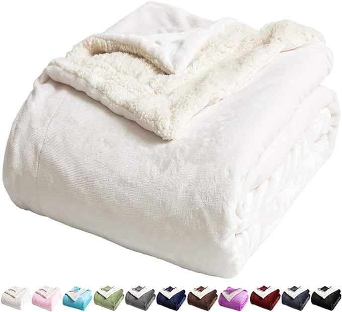 LBRO2M Sherpa Fleece Bed Blanket Twin Size Super Soft Fuzzy Plush Warm Cozy Fluffy Microfiber Couch Throw Velvet Double Reversible Luxurious Blankets,Ivory